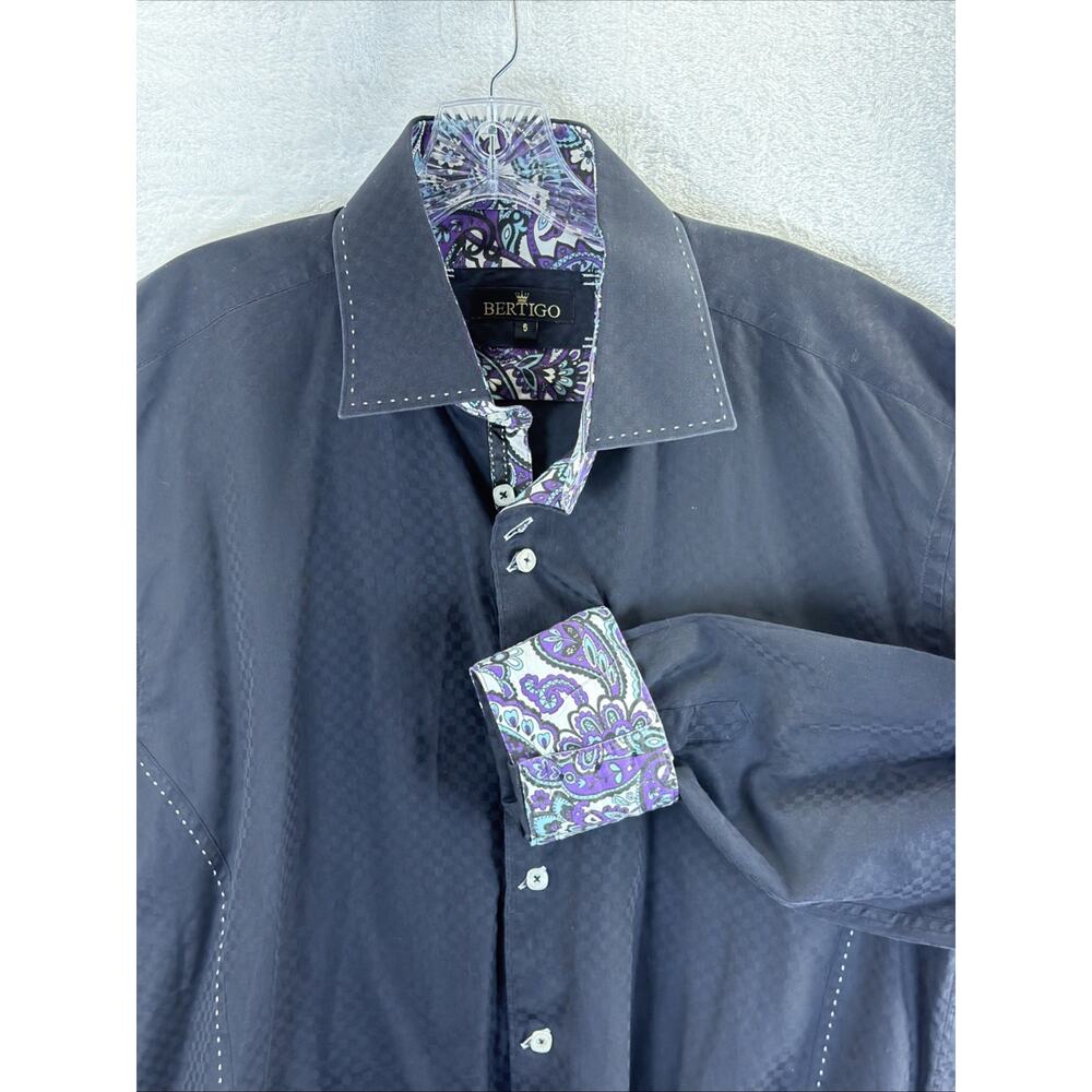 Bertigo Dress Shirt Mens Size 6 2XL Black Paisley Flip Cuff Collared Purple Blue